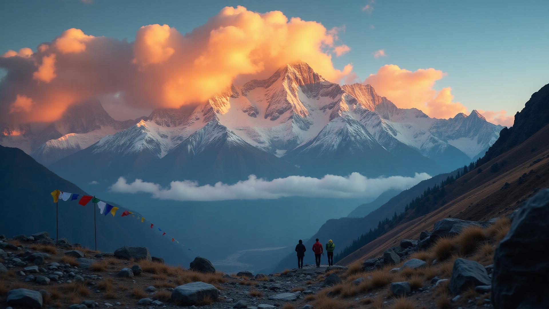 Trekkers walking toward a sunlit Himalayan peak with prayer flags
